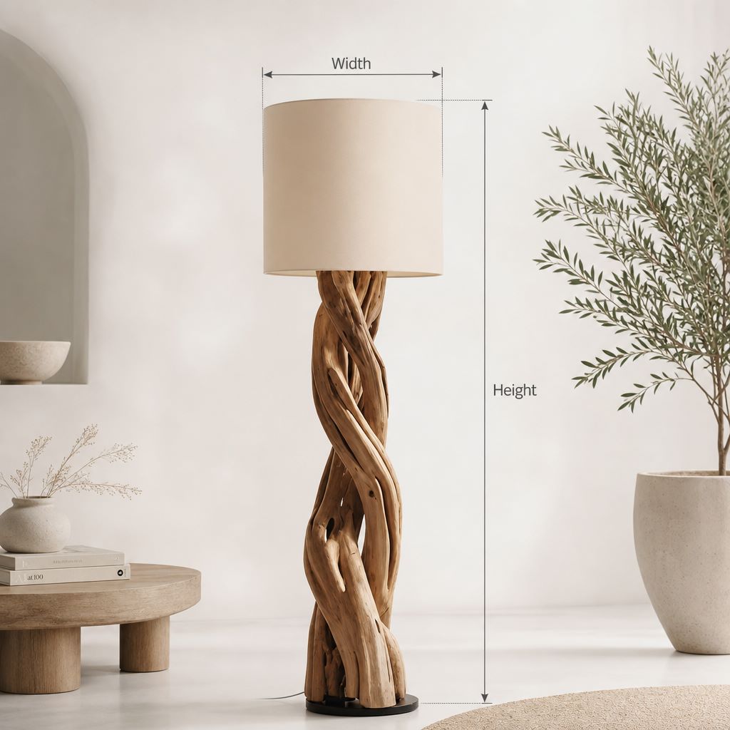 Modern Wooden Floor Lamp – Sculptural Twisted Design with Fabric Shade