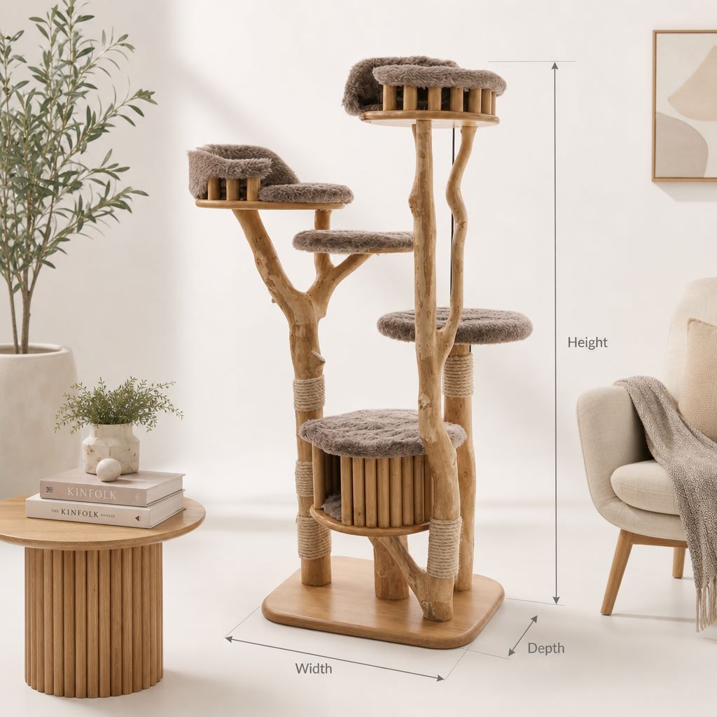 Driftwood cat tree tower designed with natural branches and cozy pet beds.