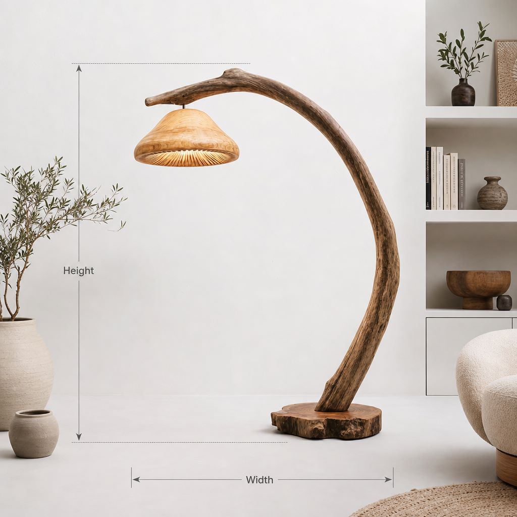 Crescent Arc Driftwood Mushroom Floor Lamp with Gill Glow