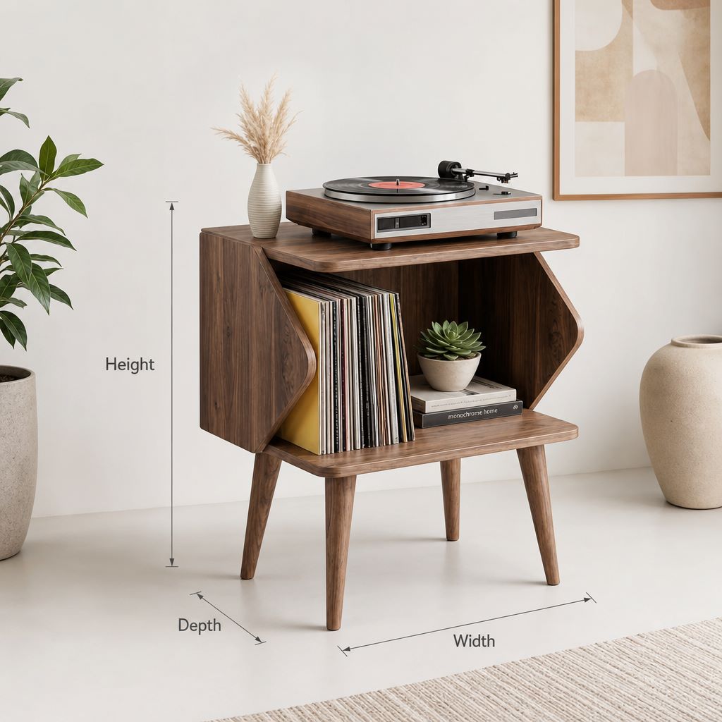 Mid Century Modern Wooden Record Player Stand with Vinyl Storage