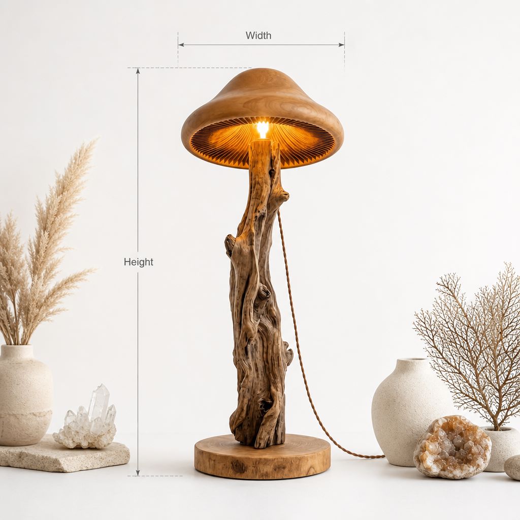 Mushroom Floor Lamp with Bark Trunk and Gill Glow Cap