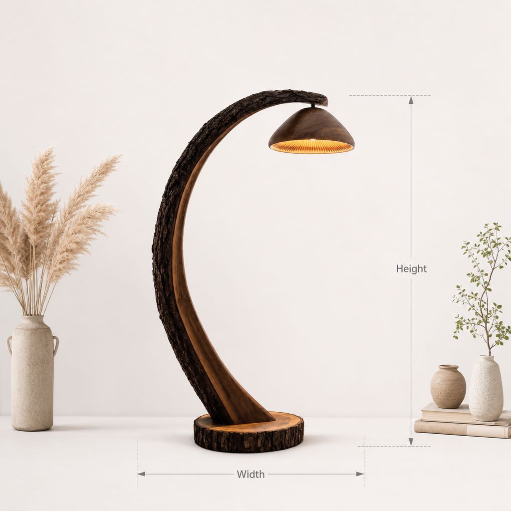 Bark-On Mushroom Arc Floor Lamp with Deep Bell Gill Shade