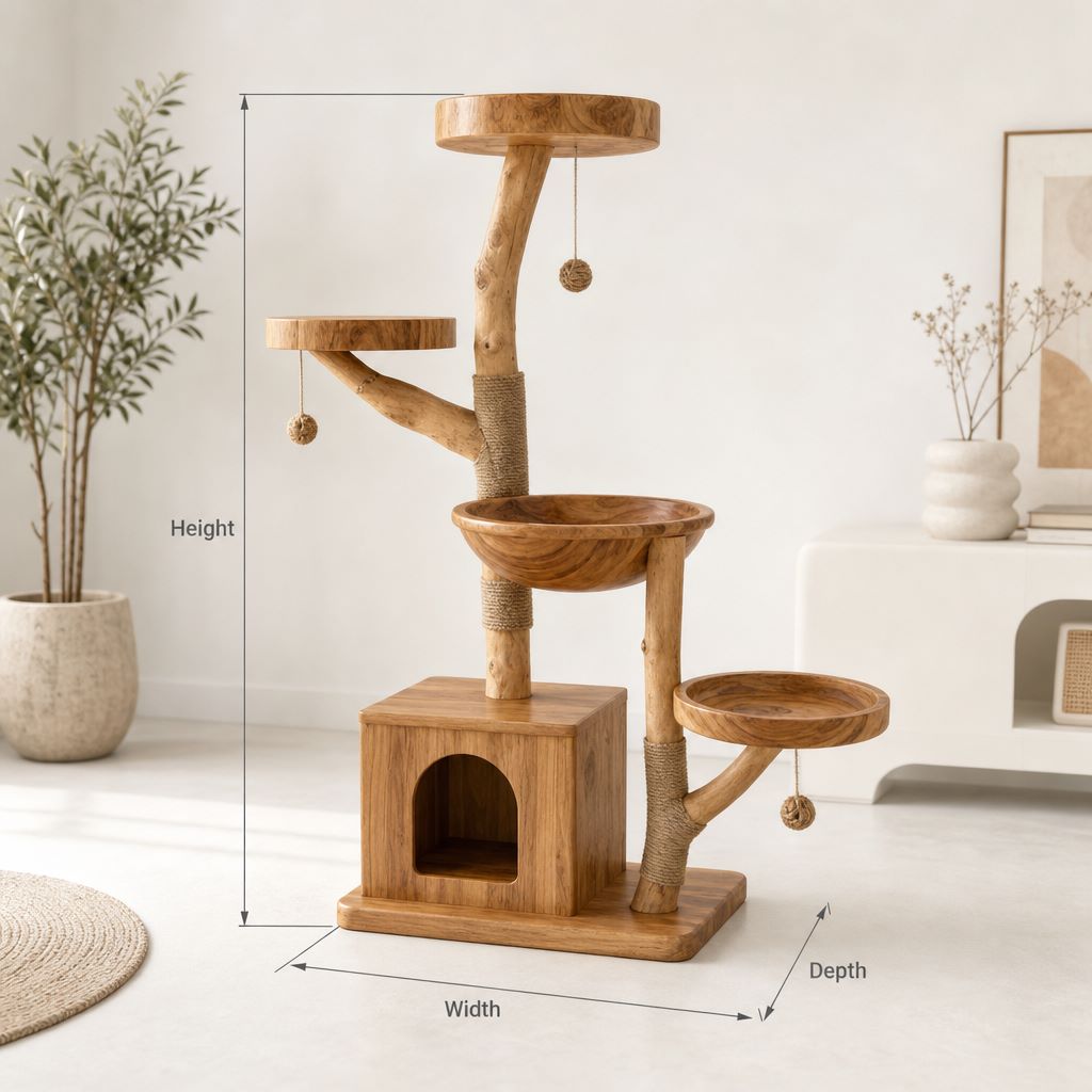 Solid wood cat tree featuring a wooden condo and hanging toy balls