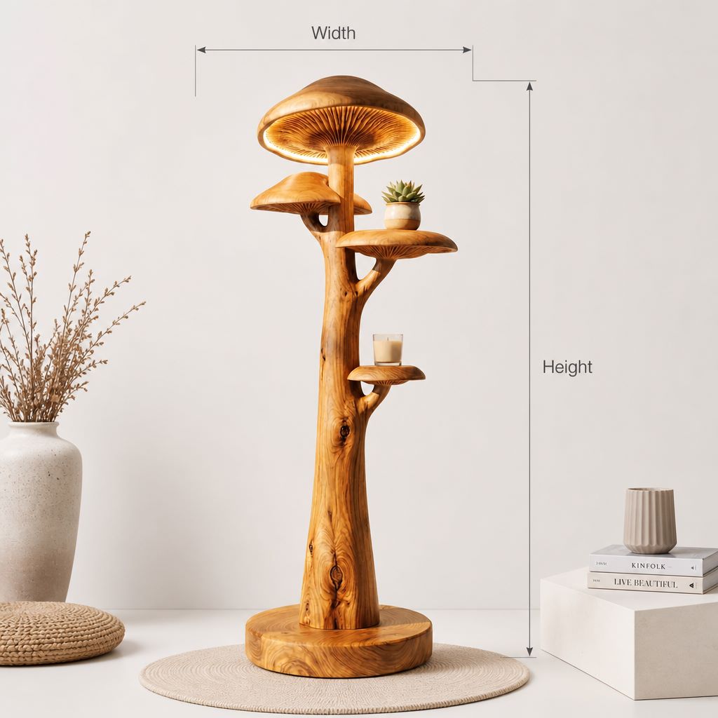 Mushroom Tree Floor Lamp with Gill Glow and Built-In Shelves