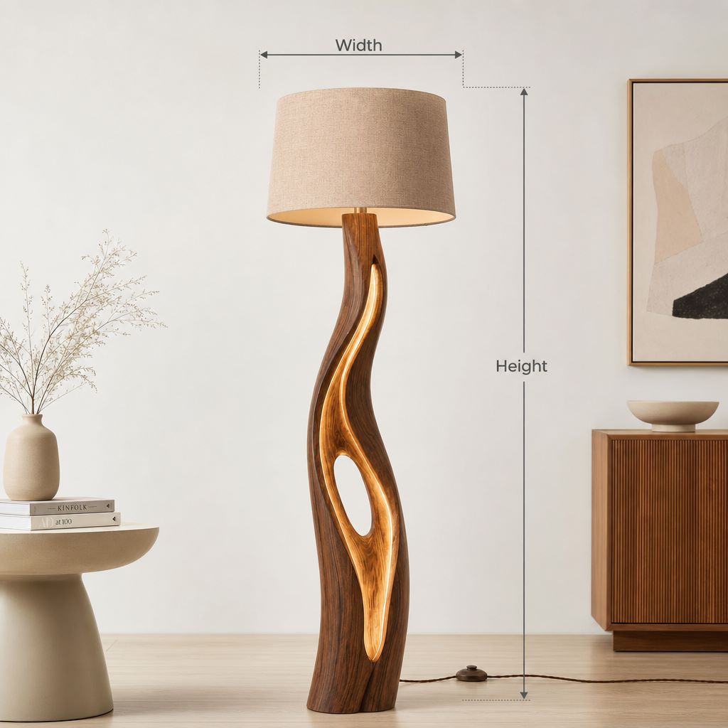 Teardrop Wooden Floor Lamp - Driftwood S-Curve Standing Light With LED Inner Glow