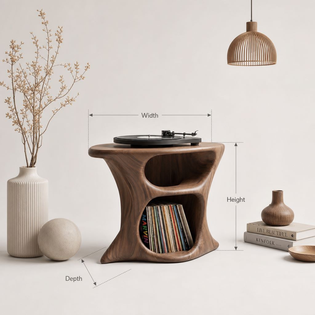 Organic Solid Wood Record Player Stand-Sculptural Vinyl Storage