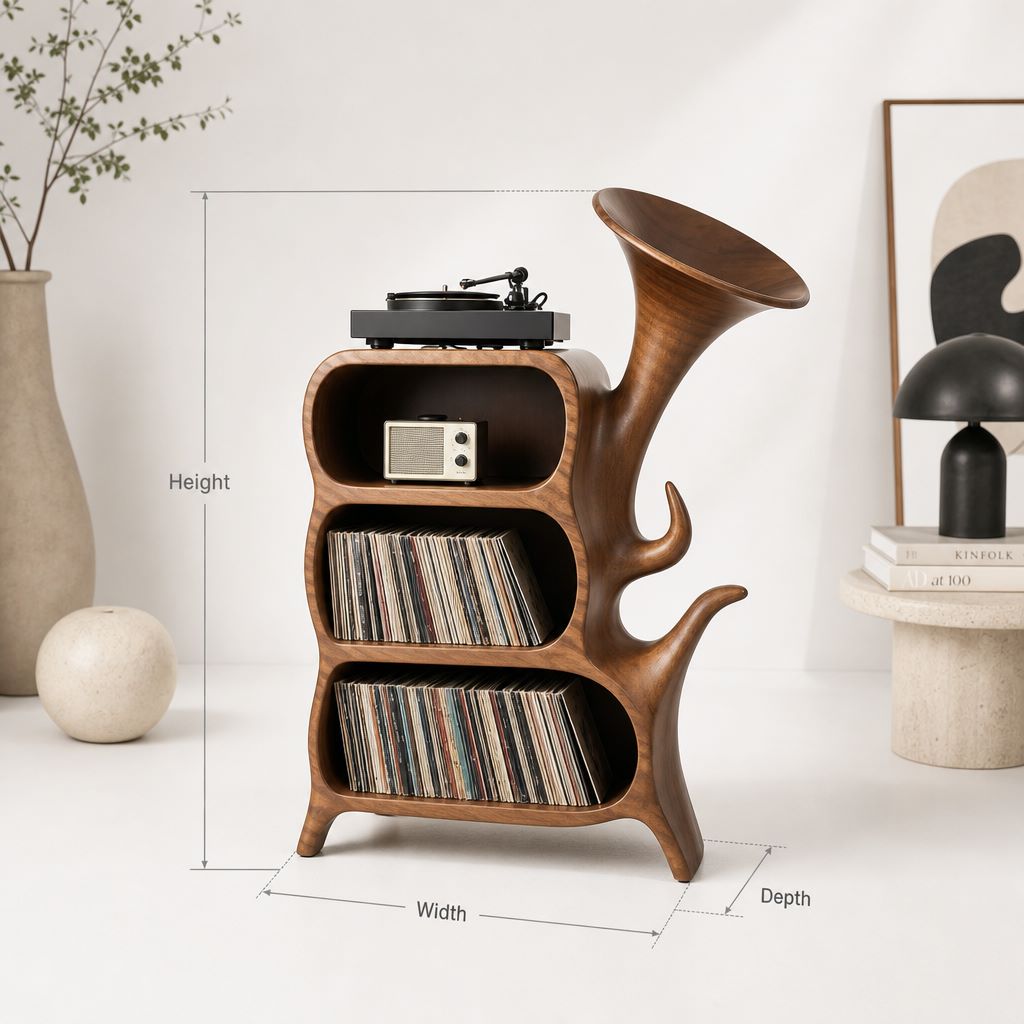 Organic Sculptural Solid Wood Vinyl Record Storage Cabinet with Integrated Turntable Stand