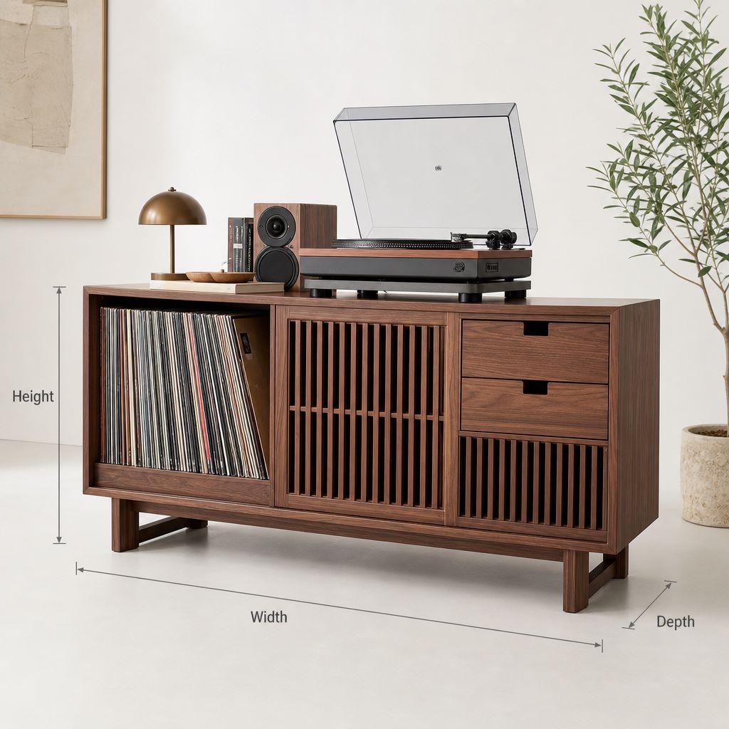 Handcrafted Record Player Stand – Natural Wood Turntable Station with Storage, Customizable Record Cube Organizer