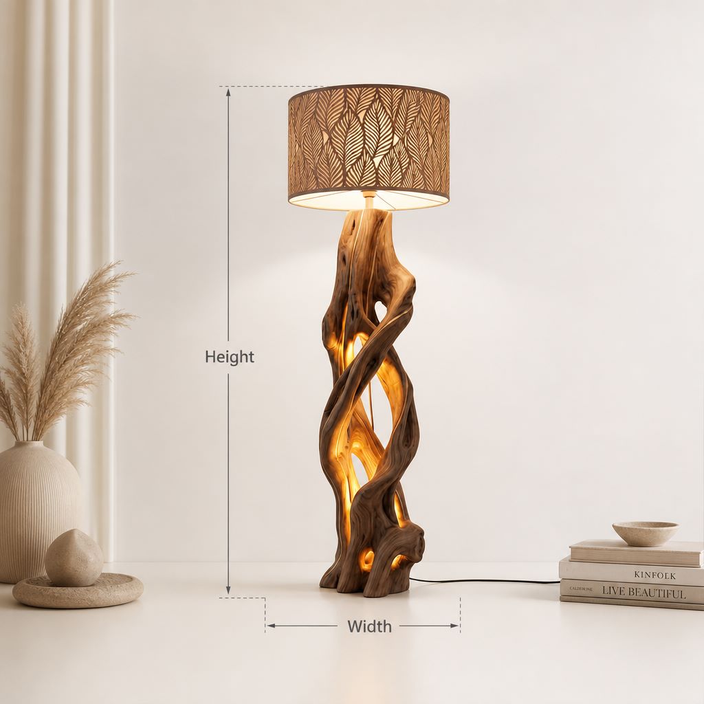 Twisted Vine Wooden Floor Lamp - Handcrafted Driftwood Standing Light With Leaf Shade