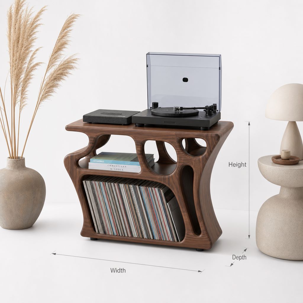 Sculptural Solid Wood Vinyl Record Cabinet – Organic Turntable Stand with LP Storage