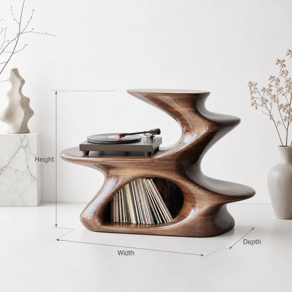 Sculptural Wood Record Player Stand – Organic Modern Vinyl Storage Table