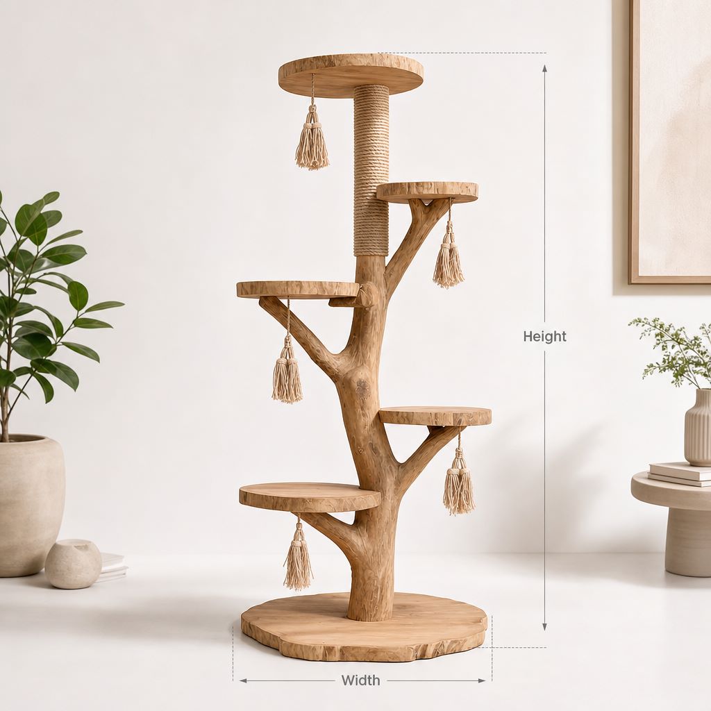 Solid Wood Sculptural Cat Climbing Condo for Living Room Decor