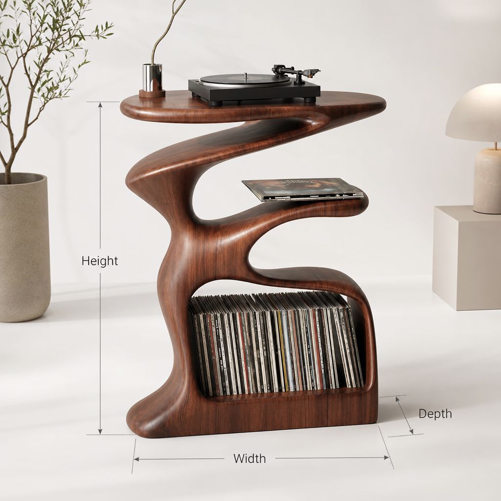 Organic Wood Record Player Stand – Handmade Sculptural Shelf for Vinyl Storage