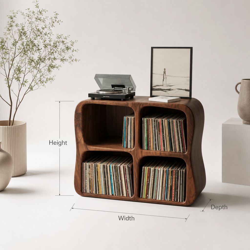 Solid Wood Vinyl Record Storage Cabinet – Modern Sculptural LP Shelf
