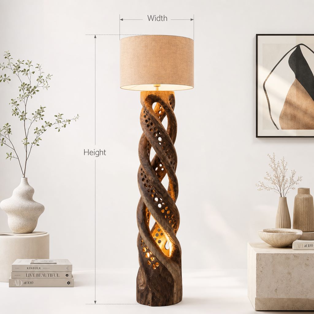 Twisted Driftwood Wooden Floor Lamp - Handcrafted Wooden Standing Light With Fabric Shade