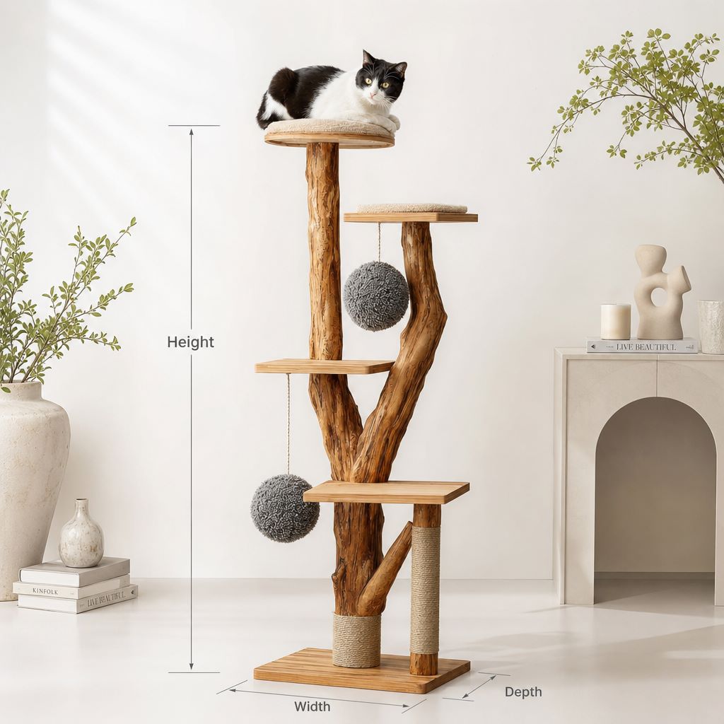 Rustic cat tree structure with natural branches, dangling grey balls, and a tuxedo cat