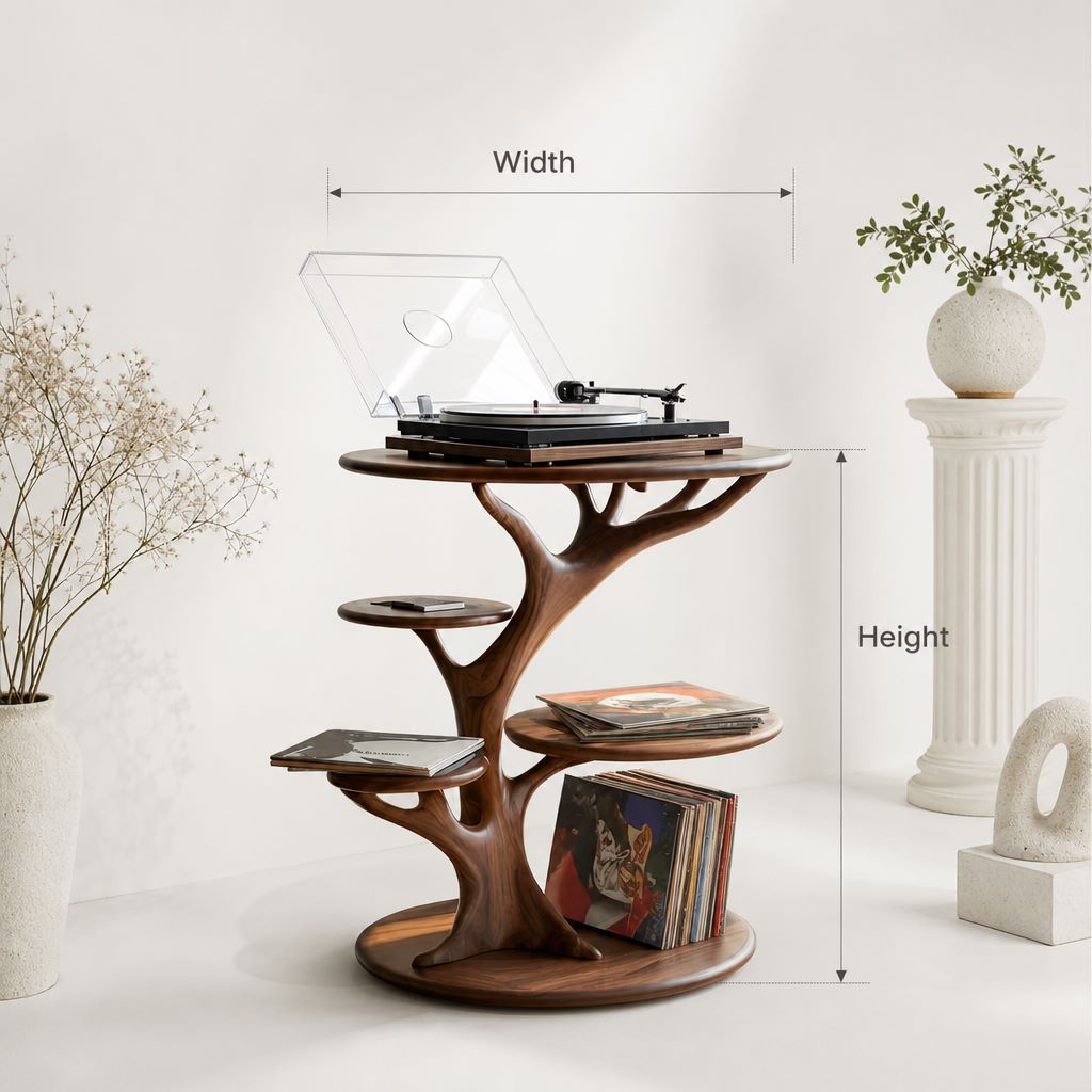 Handcrafted Wooden Record Player Stand – Artistic Vinyl Turntable Table