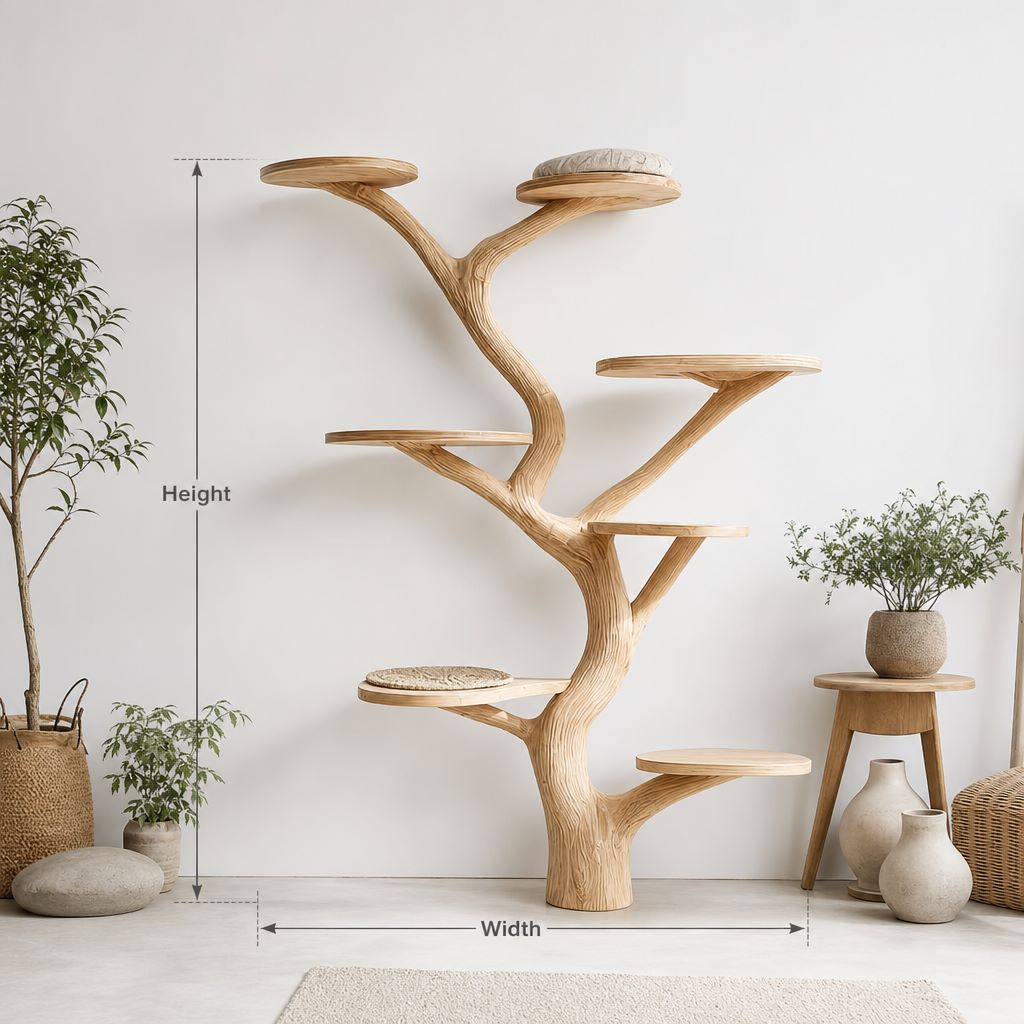 Handmade wooden cat trees with multi-level organic branch platforms against a wall