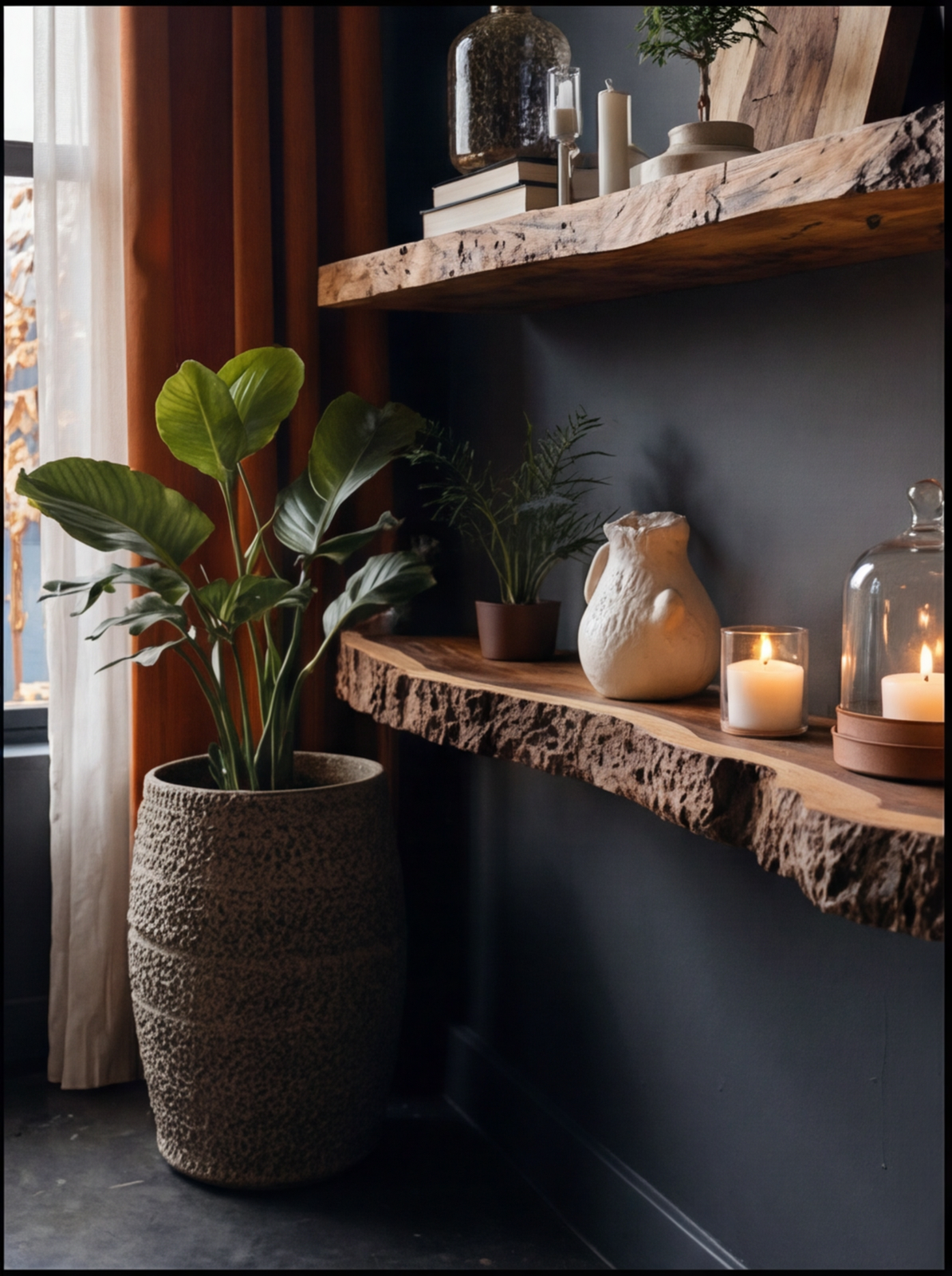 Live edge solid wood floating shelves with candles, books, plants, and decorative vase in a modern room.