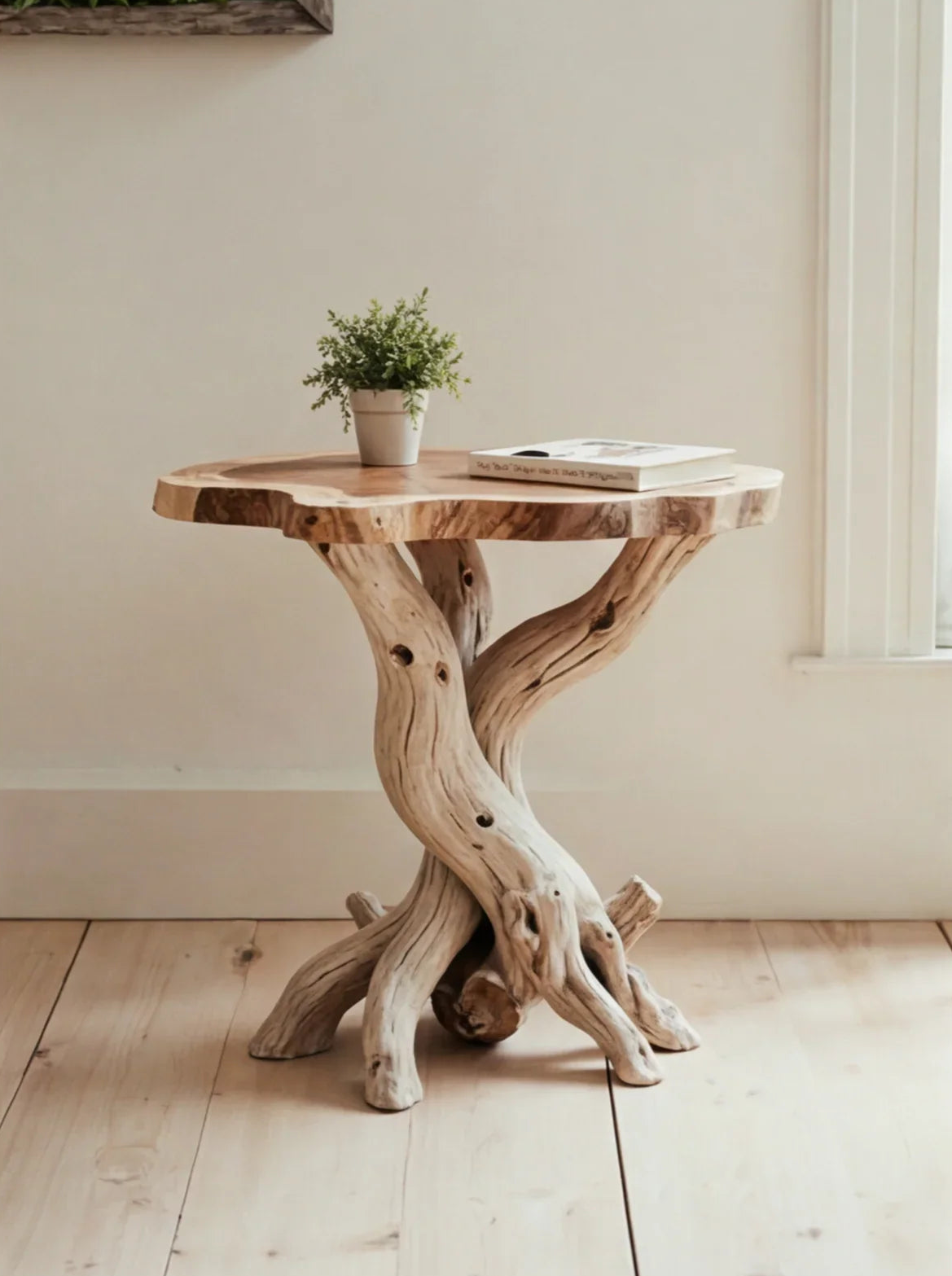 Live edge solid wood side table with unique twisted base, potted plant and book on top