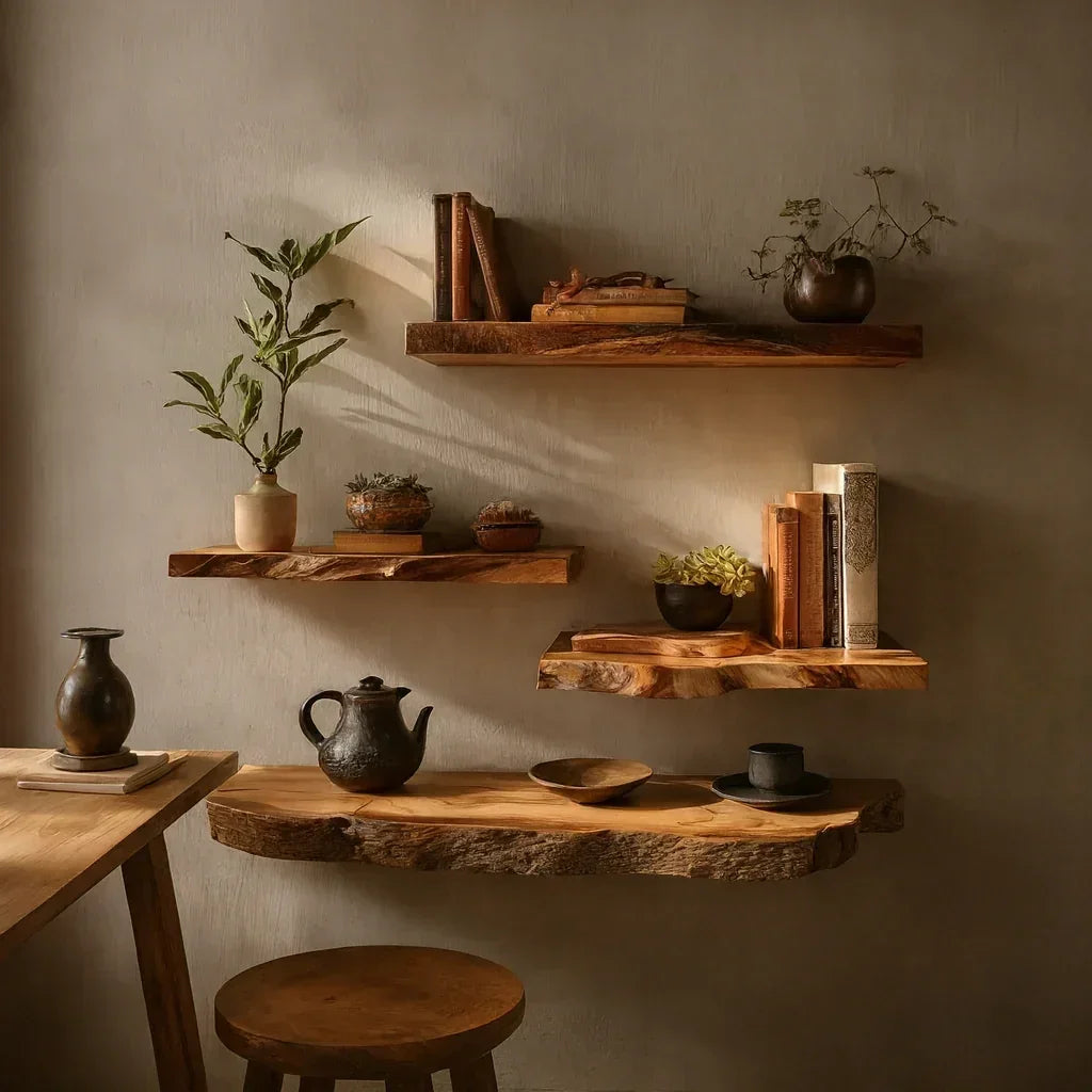 Live edge floating wood shelves with books, ceramics, and plants in a cozy, natural room setting