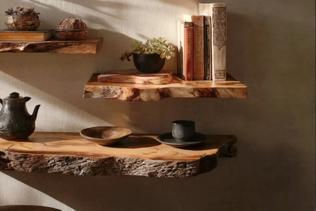 Live edge floating wood shelves with books, plants, and ceramic decor in natural light