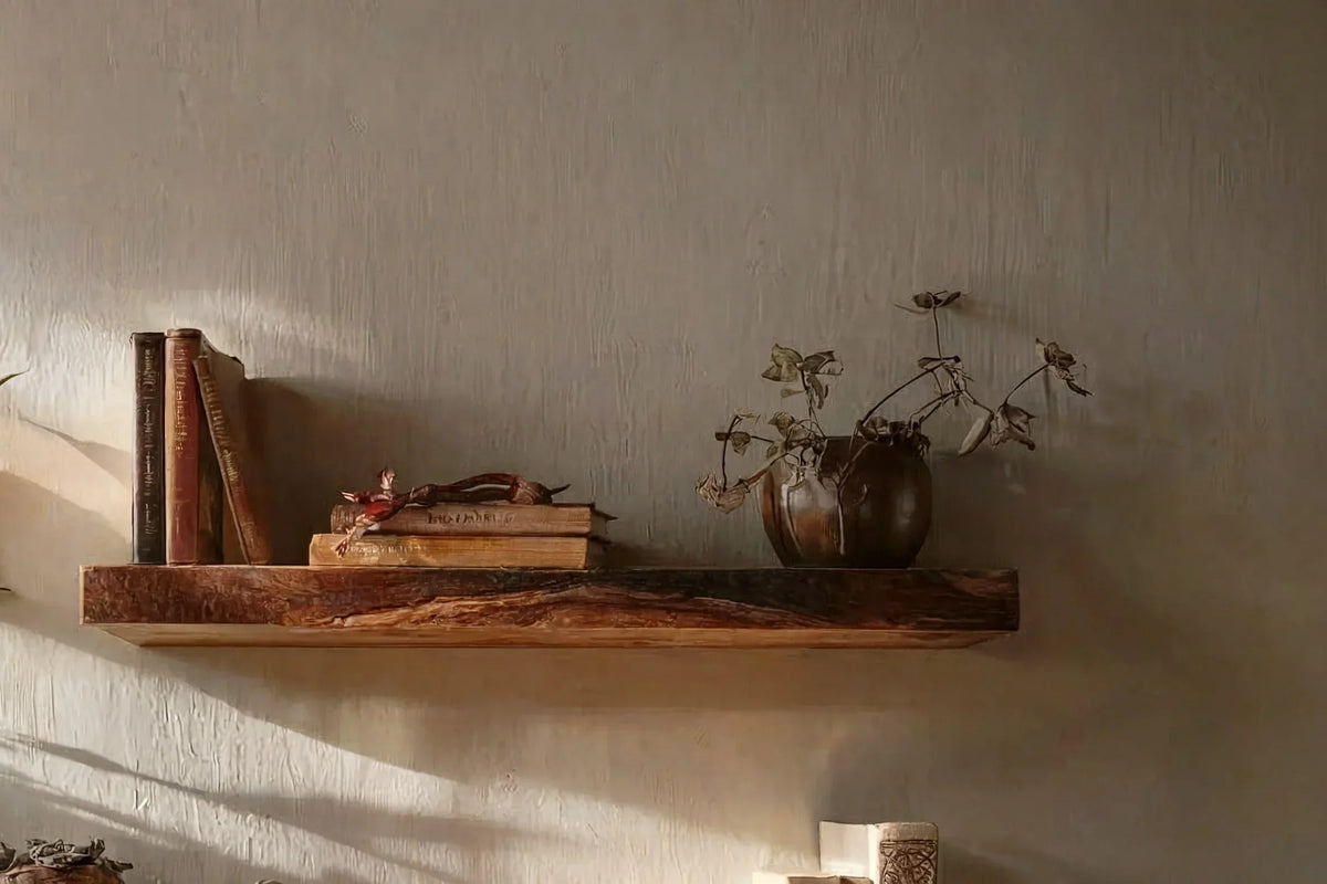 Live edge solid wood floating shelf with vintage books and ceramic vase on wall
