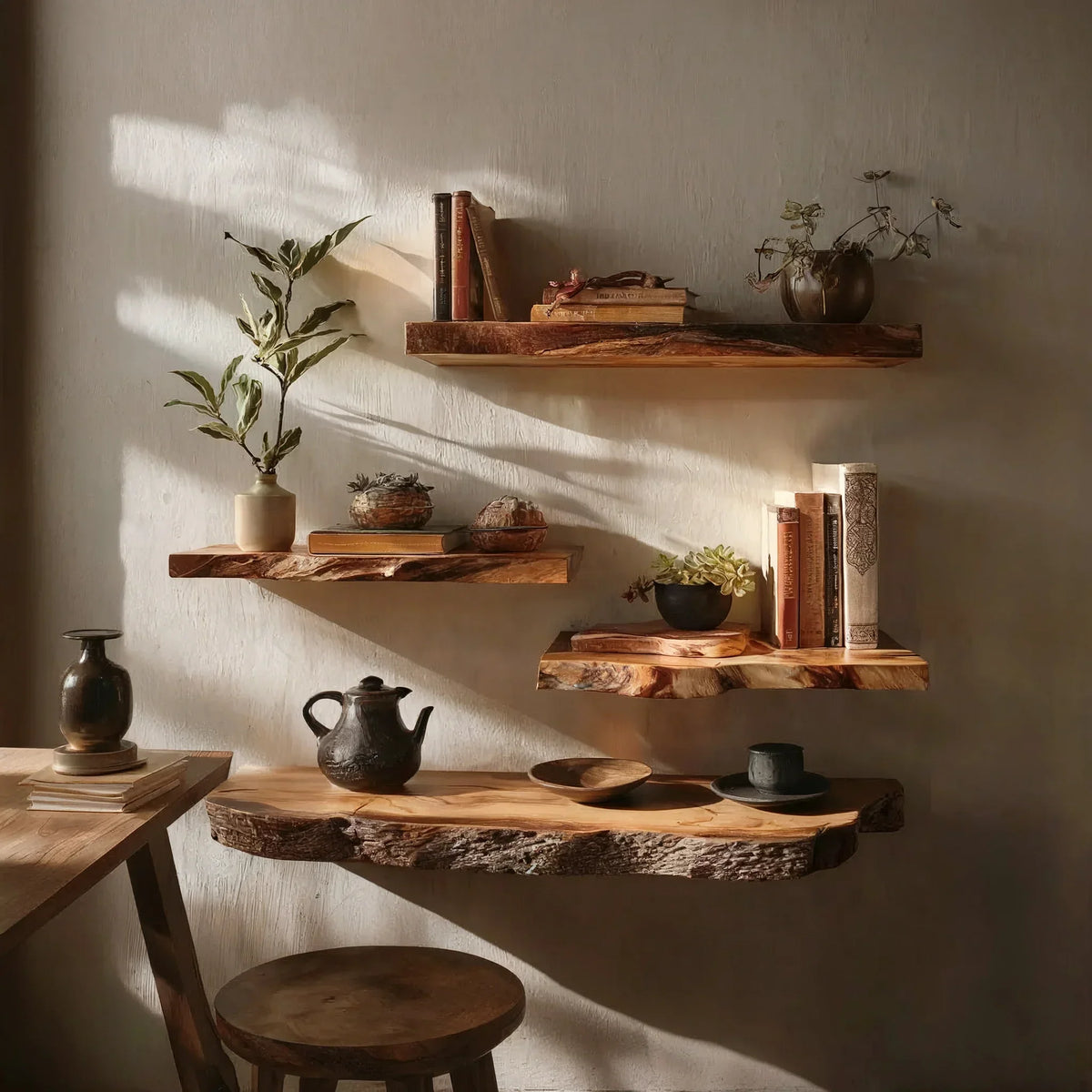 Solid wood live edge floating shelves with books, plants, and rustic decor on a neutral wall.