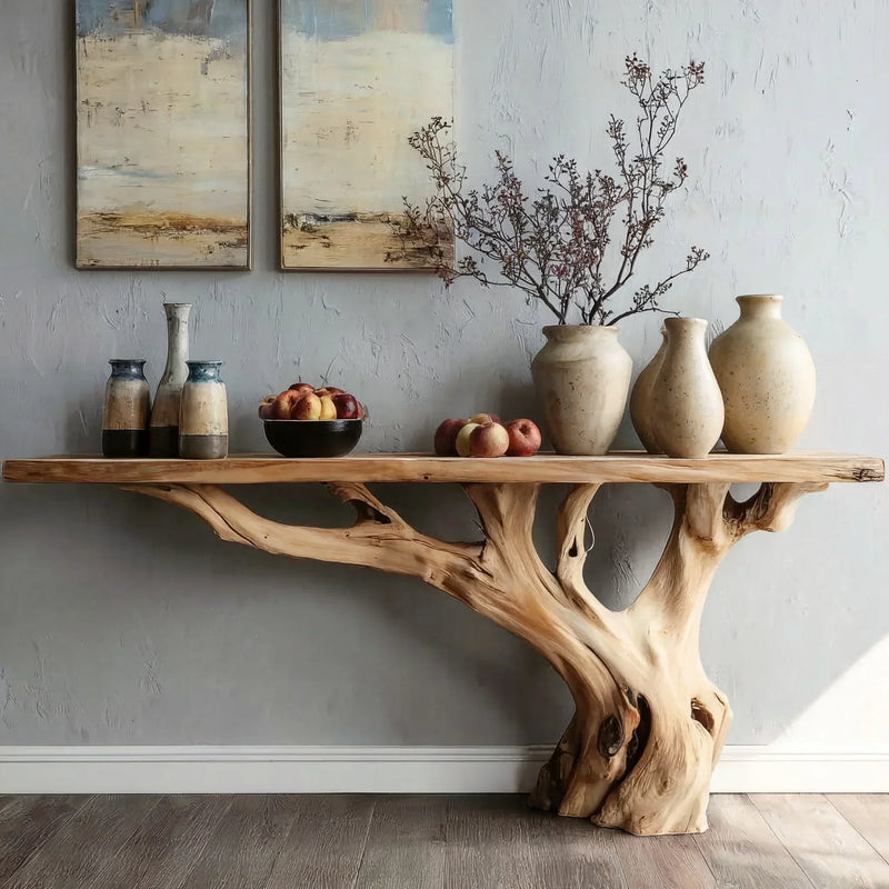 Live edge solid wood console table with natural tree base, decorated with vases and apples.