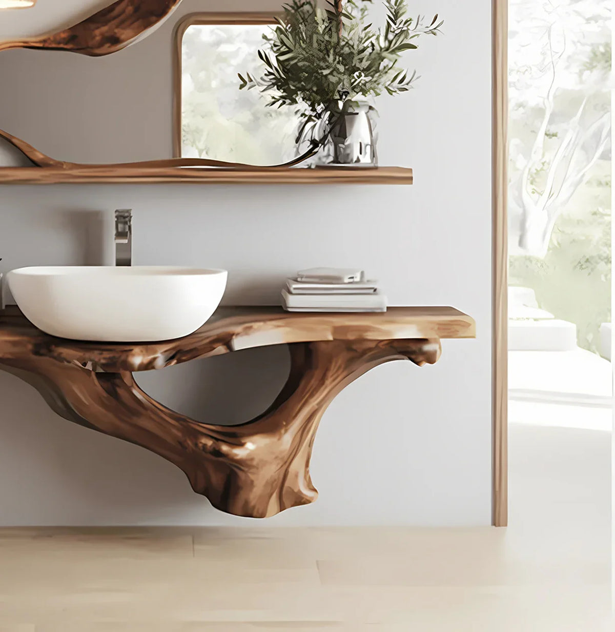 Modern bathroom with natural wood floating vanity and round white vessel sink