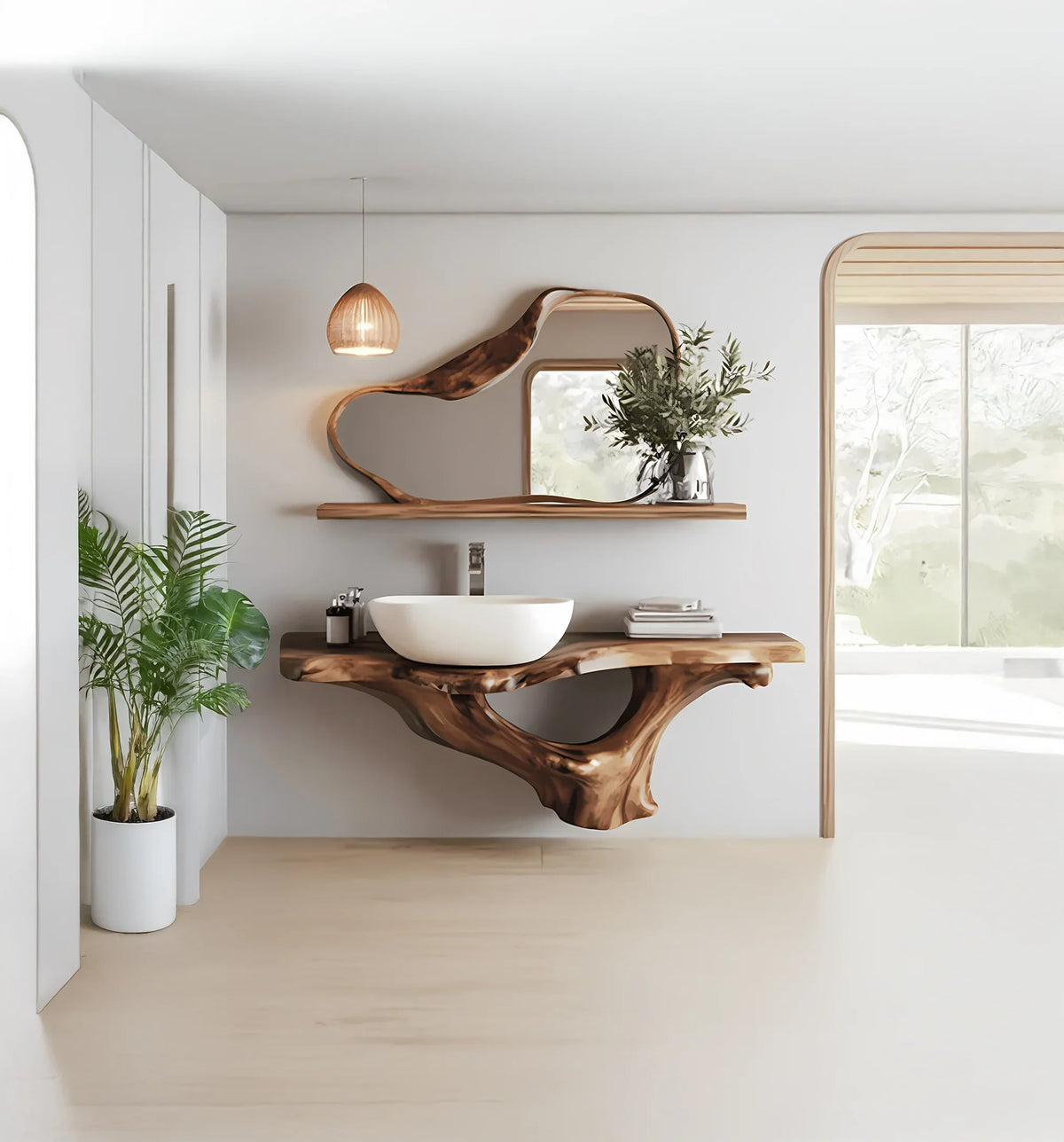 Modern bathroom with organic wood vanity, white vessel sink, abstract wood mirror, plant, and pendant light