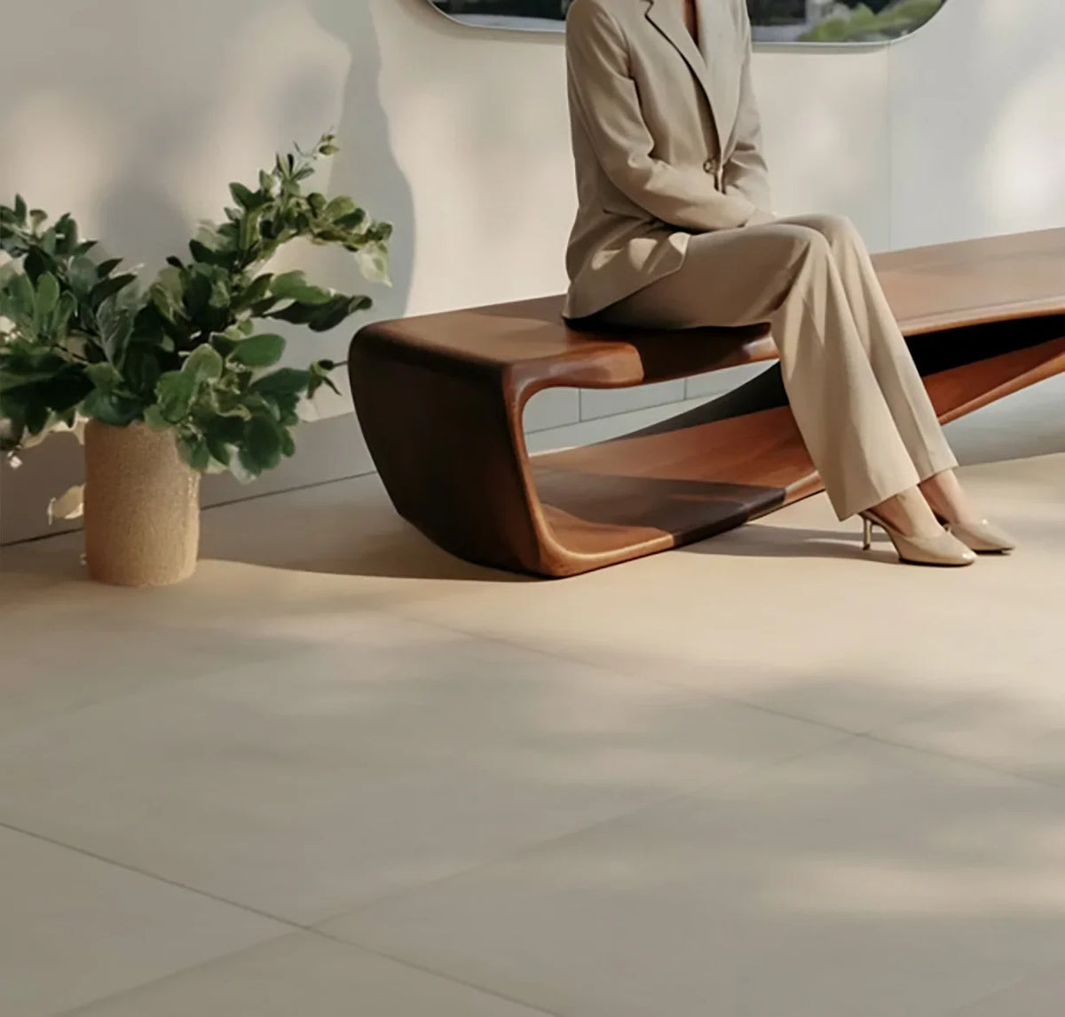 Person in beige suit sitting on modern wooden bench beside green plant in minimalist interior