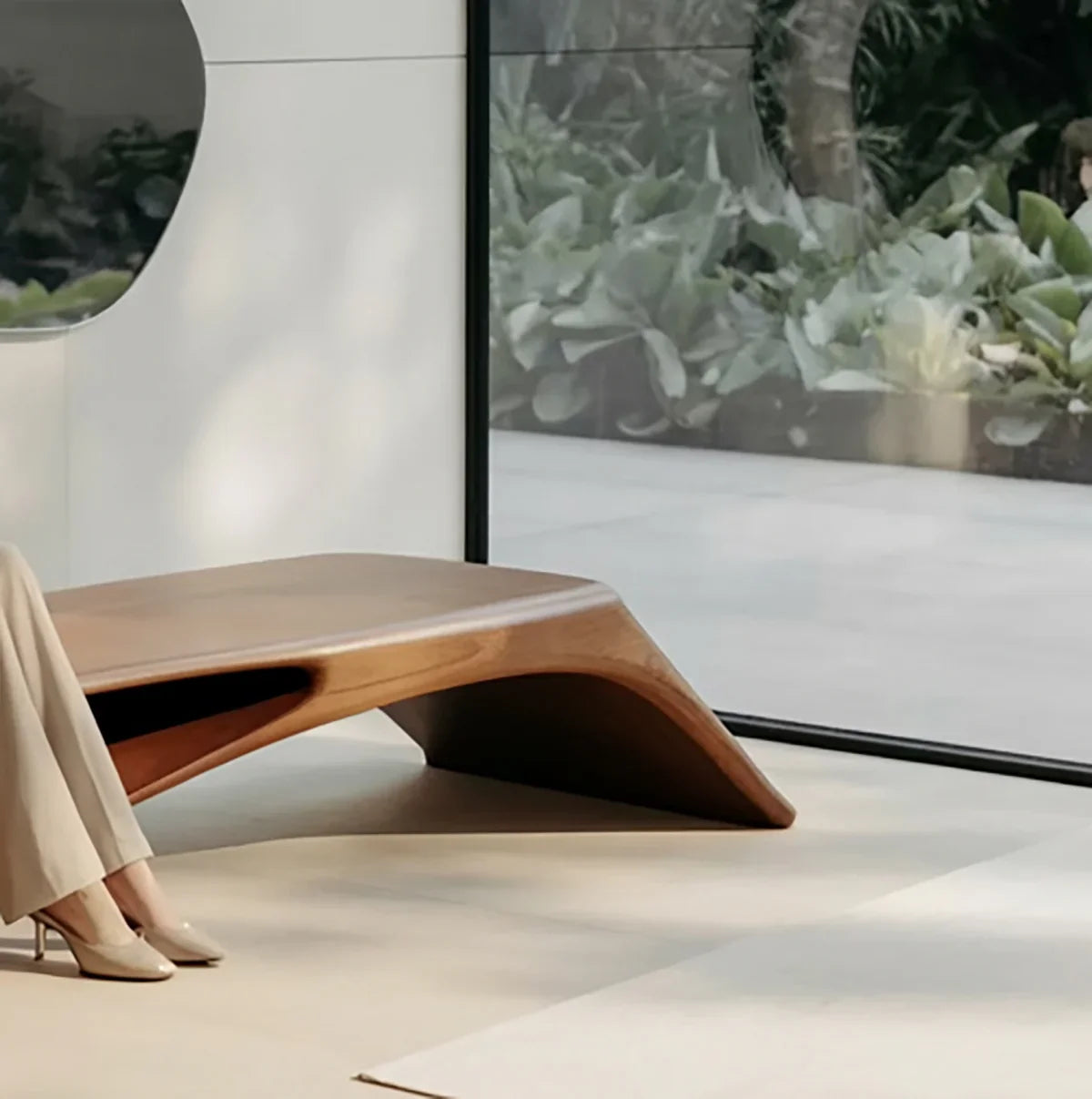 Modern wooden bench with sculptural curves near large glass window overlooking green plants