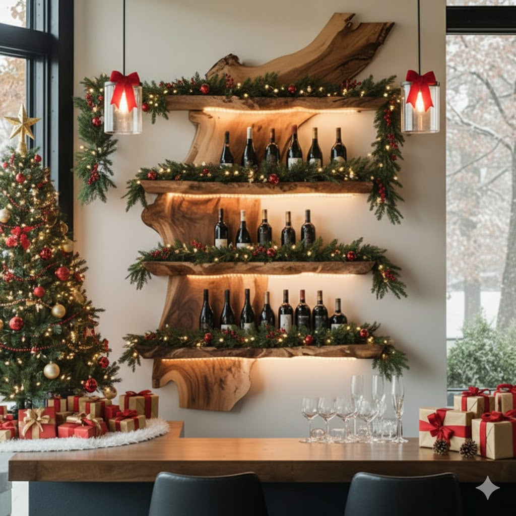 Rustic wood wine shelves decorated with Christmas garland and lights beside a decorated Christmas tree and wrapped gifts