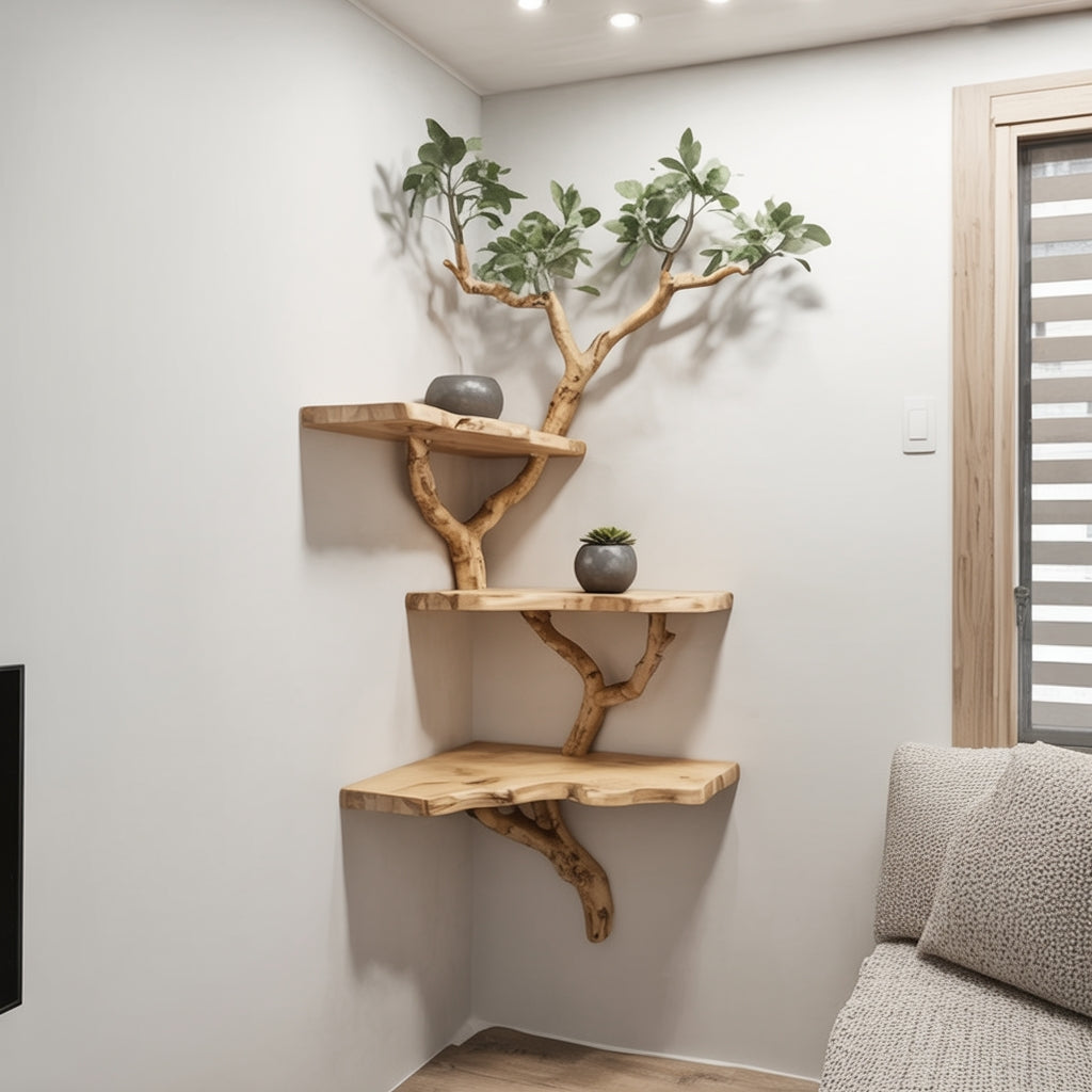 Decorative wooden corner shelves with natural tree branch design holding small gray pots and green plants in minimalist living room