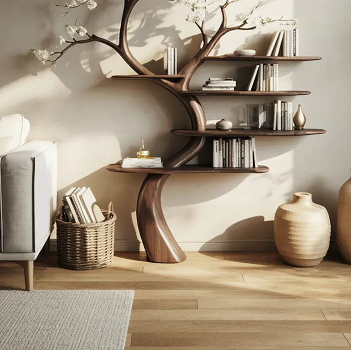Modern living room with a solid wood tree bookshelf, books, and ceramic vases on hardwood floor