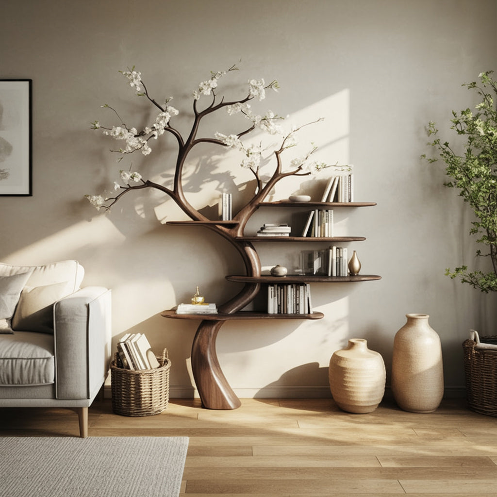 Solid wood tree bookshelf with branches and shelves, styled in a modern living room