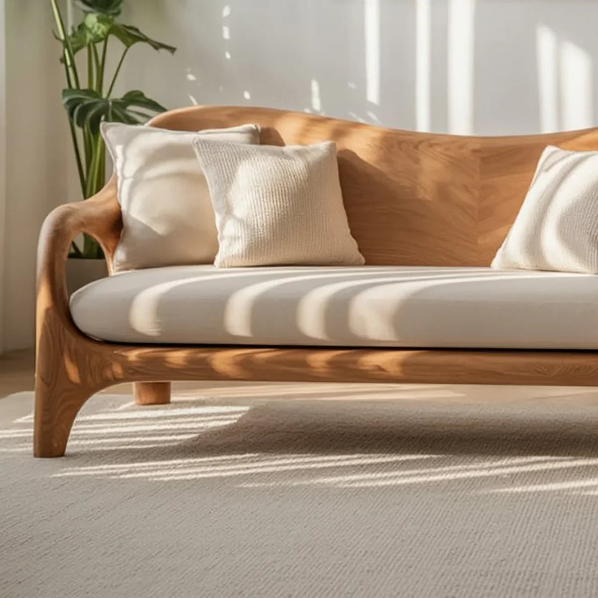 Solid wood sofa with light beige cushions and throw pillows in sunlit living room