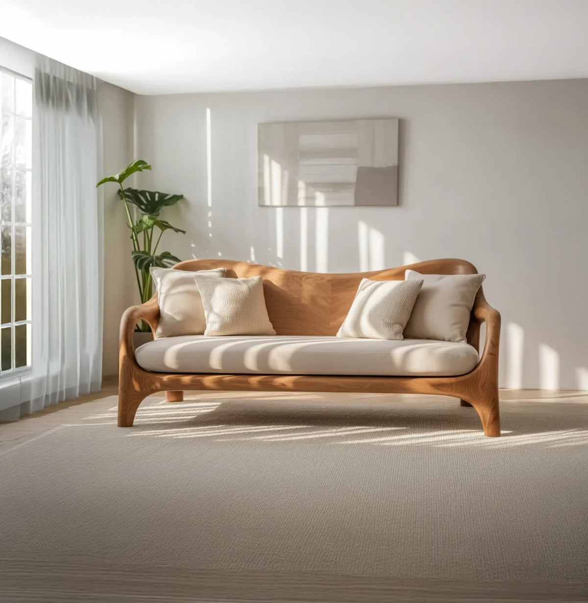 Solid wood sofa with cream cushions in a bright living room with modern decor and indoor plant