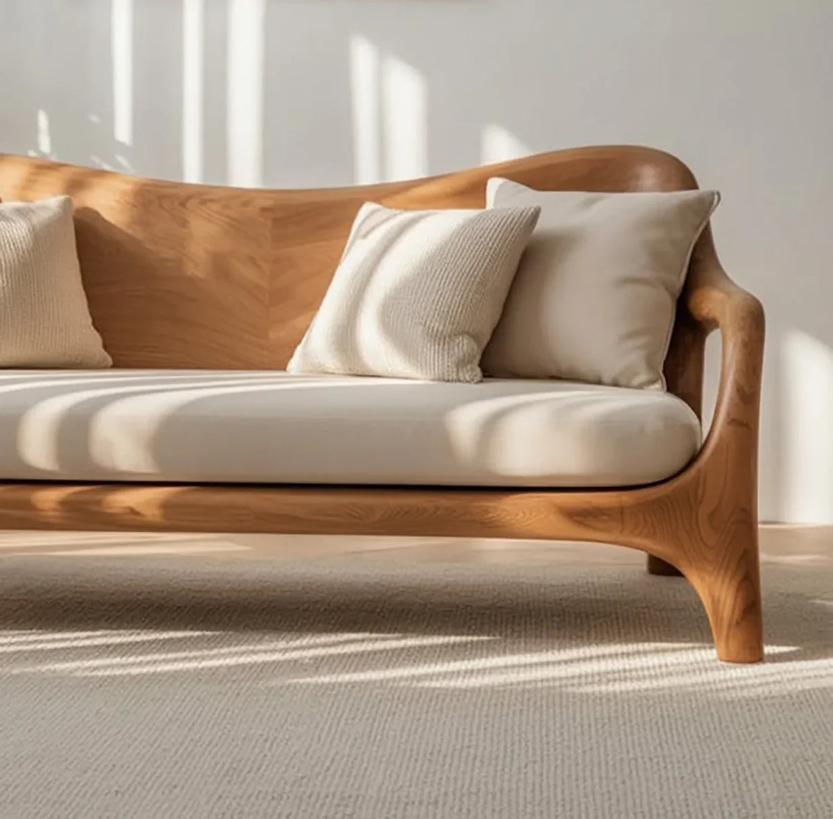 Solid wood sofa with light beige cushions and pillows in sunlit modern living room