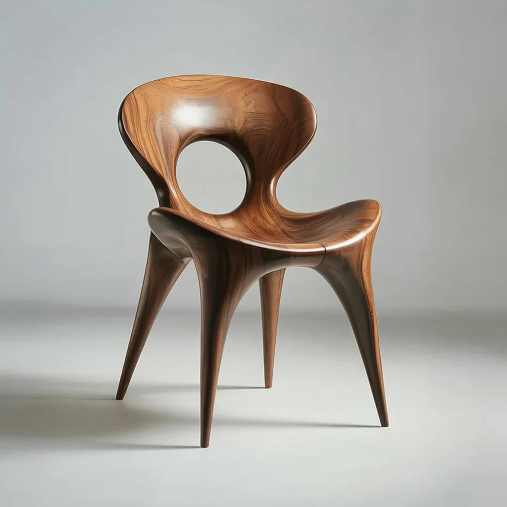 Modern solid wood chair with sculpted curves and open backrest on a neutral background