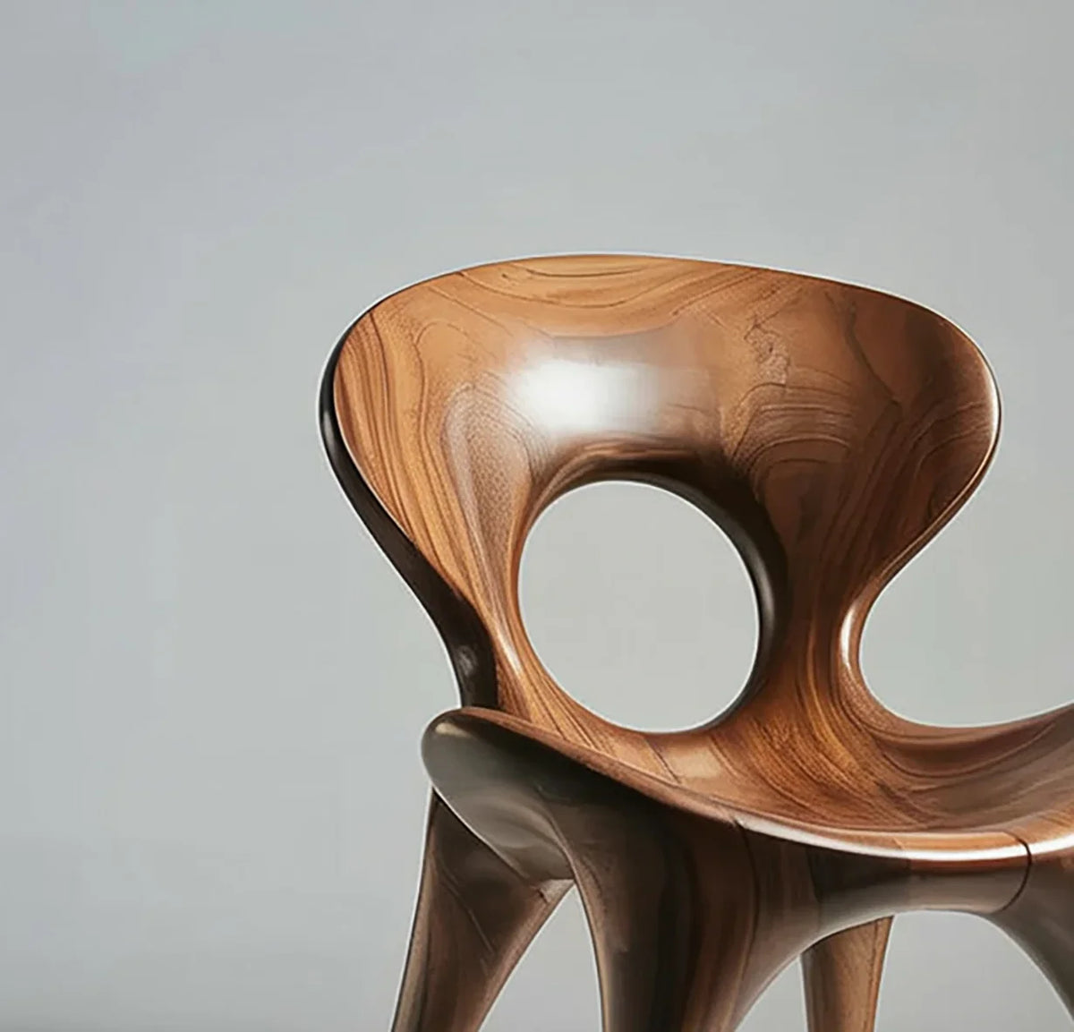 Sculptural solid wood chair with curved backrest and smooth live edge finish