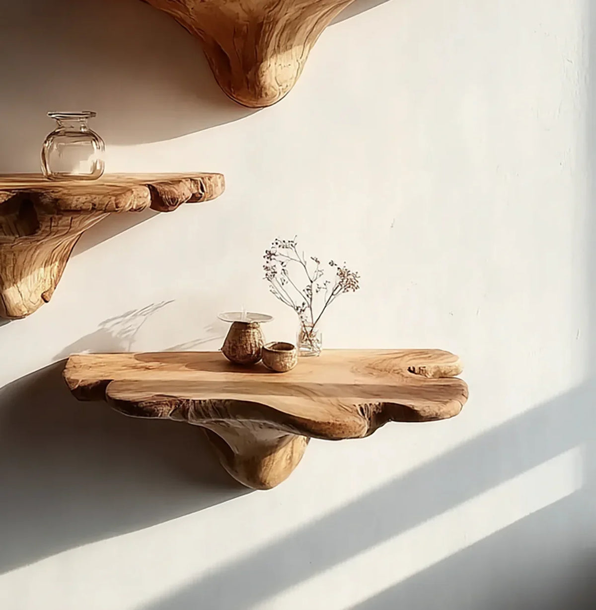 Live edge solid wood floating shelves on wall with minimalist decor and natural light