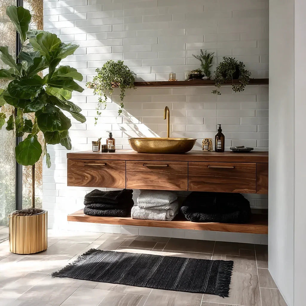 Solid wood floating bathroom vanity with gold vessel sink, live plants, and modern decor
