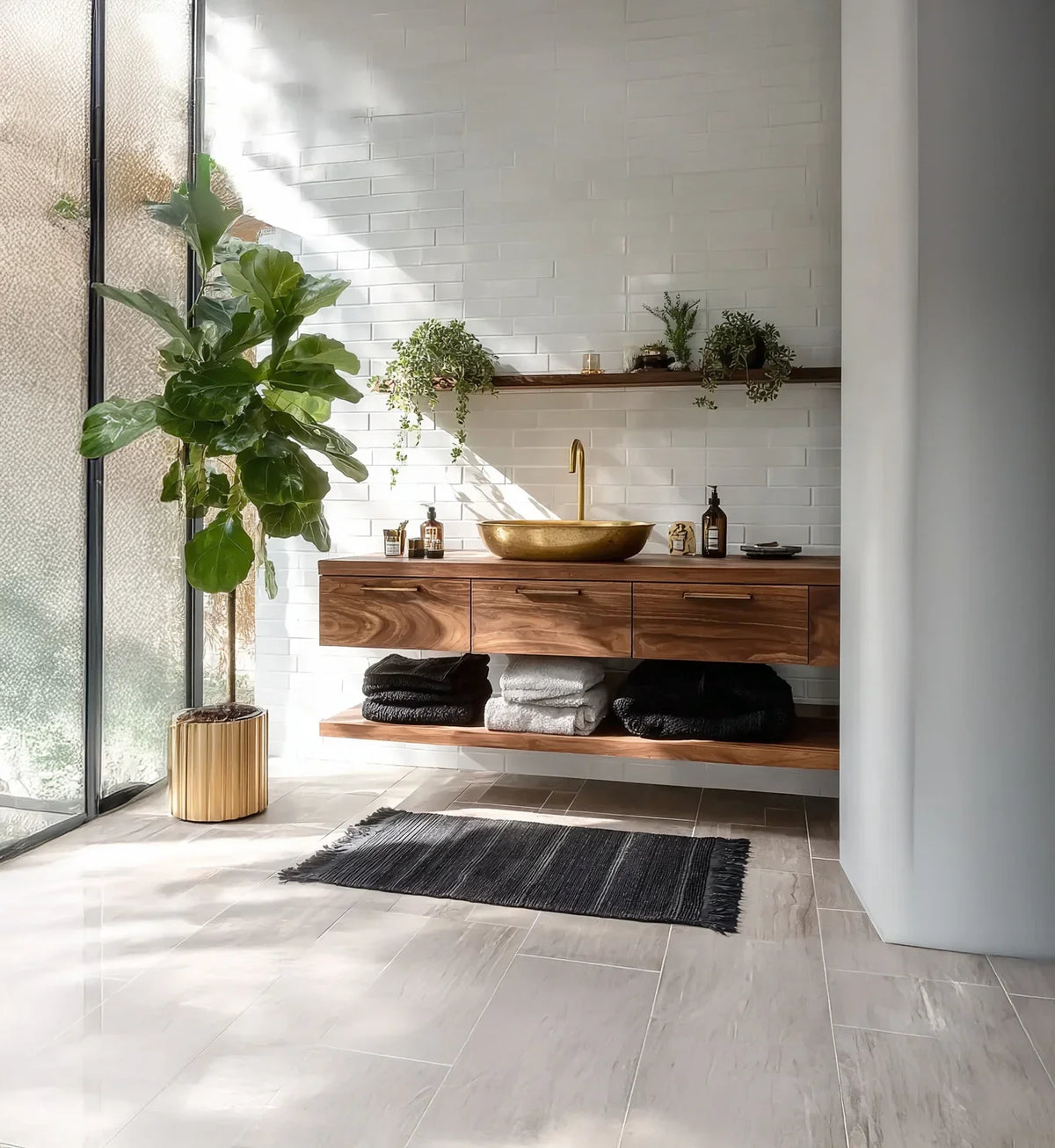 Modern bathroom with live edge wood vanity, gold vessel sink, floating shelf, and indoor plants
