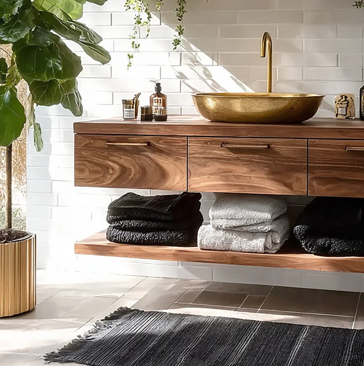 Modern bathroom with a solid wood floating vanity, gold vessel sink, and black and white towels.
