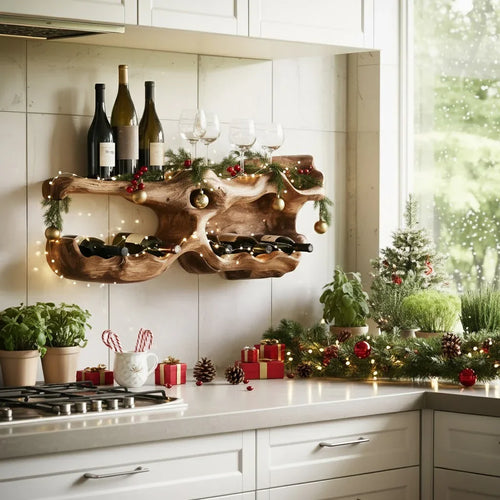 Handcrafted Wooden Wine Rack – Rustic Wall Shelf Christmas Decor