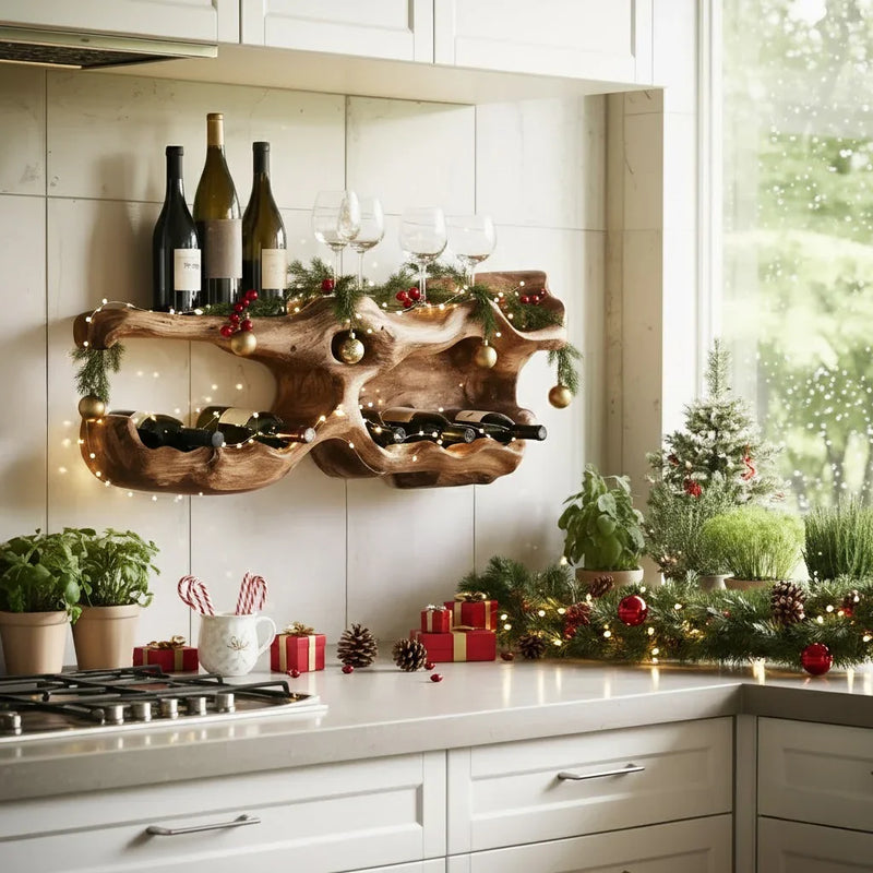 Live edge wood wine rack with wine bottles, glasses, and holiday decor in a modern kitchen