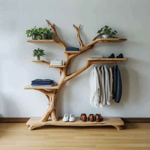 Handmade Tree Hall Tree Coat Rack with Shoe Storage – Decorative Entryway Stand