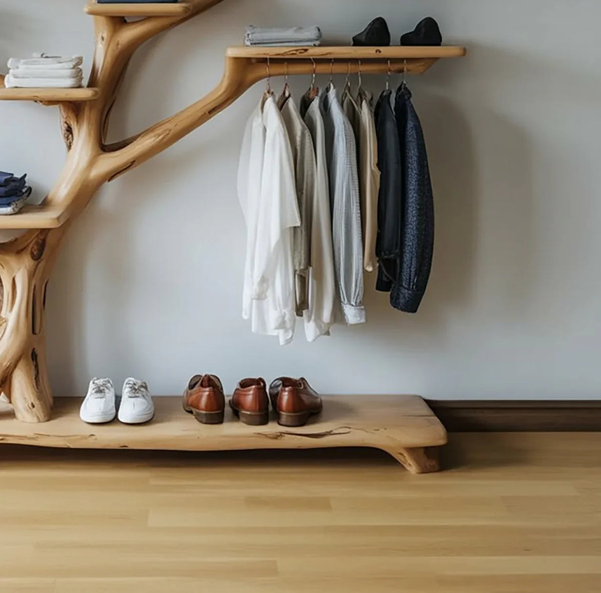 Live edge solid wood tree bookshelf with shelves and hanging rod displaying clothes and shoes